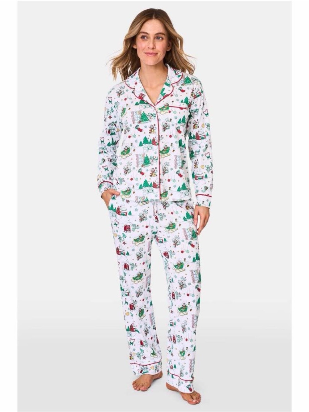 Roller Rabbit Snow Village Long Sleeve Polo Pajamas Christmas Holiday Womens S